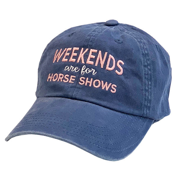 Blue baseball style equestrian cap with "Weekends are for Horse Shows" embroidered on the front.