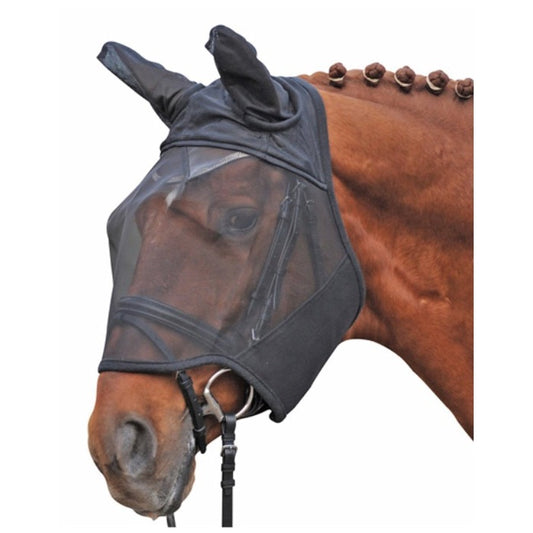 Chestnut horse wearing a black fly mask with ears