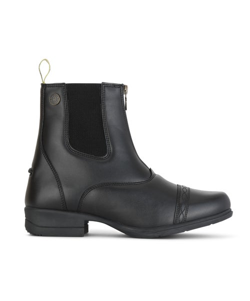 Black leather-look ankle boots with front zipper