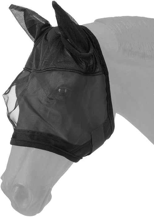 Black mesh fly mask shown on a model horse