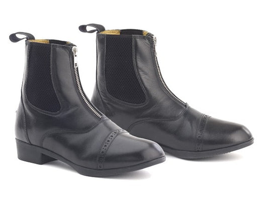 Black leather ankle boots with front zipper