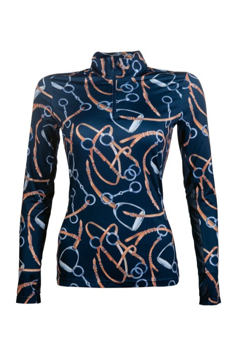 deep blue with stirrups and bridle pattern long sleeve riding sun shirt 