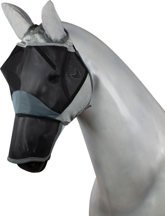 Model horse wearing a fly mask with ear covers and extra nose covering