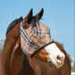 Plaid deluxe black and brown fly mask shown on a bay horse with a wide white blaze 