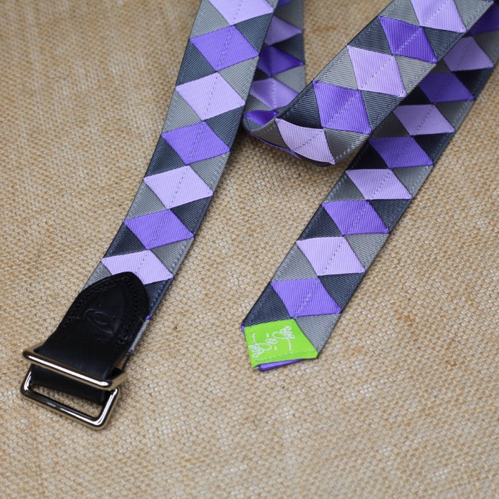 light, dark purple, light, and dark grey triangles, with a leather and stainless steel double loop buckle belt