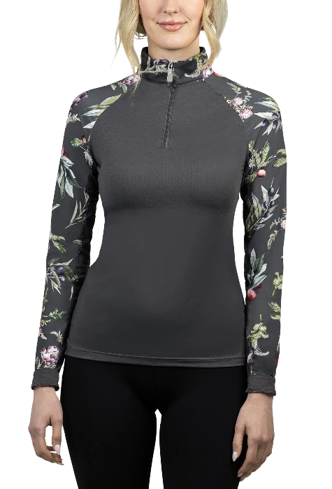 Equestrian riding shirt. Solid asphalt color with artichoke  print long sleeve.  Quarter zip shirt with mesh underarms 