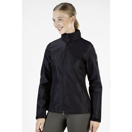 black waterproof two way zippered rain jacket 