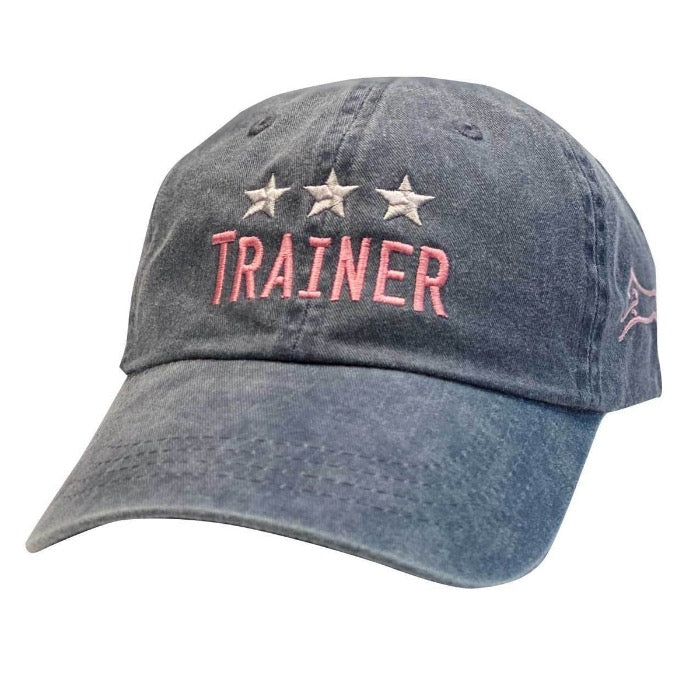 Blue baseball style equestrian cap with "Trainer" embroidered on the front.