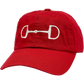 Red baseball style equestrian cap with a bold, white snaffle bit embroidered on the front.