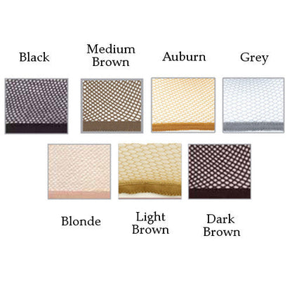 picture with 7 different colors of hair nets for horseback riding, each hair net is in a box with the color labeled above it from the top left black, then medium brown, auburn, grey, now bottom left blonde, light brown, dark brown.