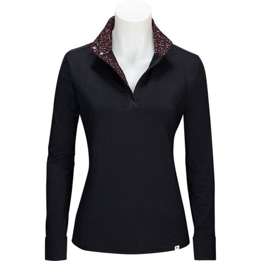 black long sleeve shirt with micro flower print inside collar and wrist cuffs with quarter zip