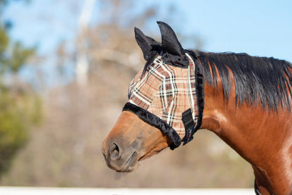 Plaid deluxe black and brown fly mask with ears shown on a bay horse