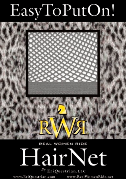 rwr equestrian riding hair net in leopard pattern packaging with a photo showing the grey color of the hair net