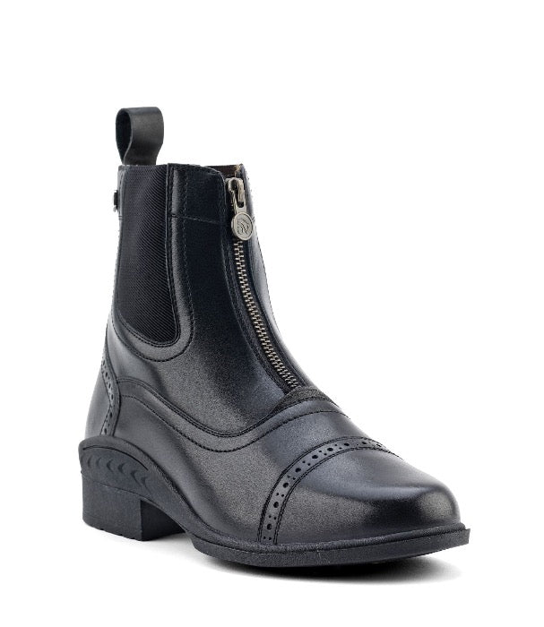 Black leather ankle boots with front zipper