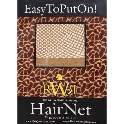 rwr equestrian riding hair net in giraffe pattern packaging with a photo showing the light brown color of the hair net