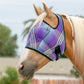 Plaid lavender mint fly mask shown on a palomino horse