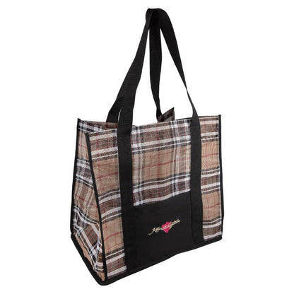 kensington plaid tote bag. brown plaid with black accents