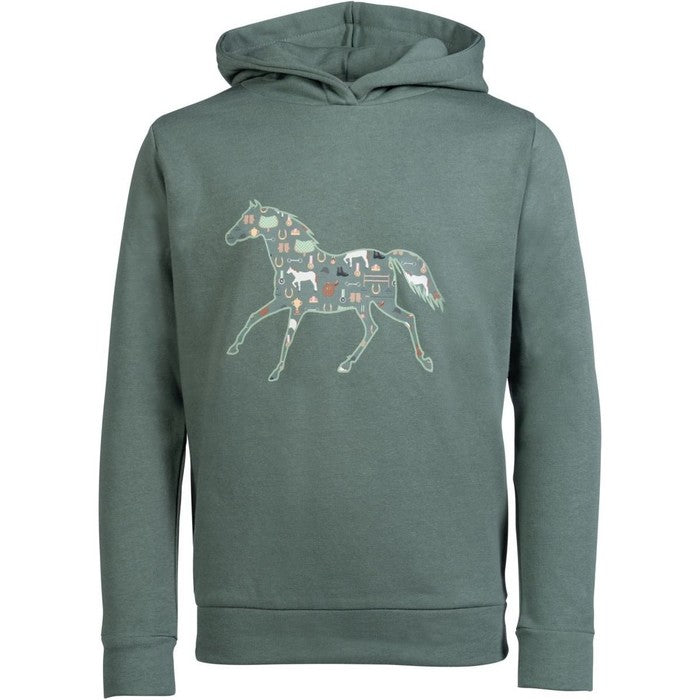 sage green sweatshirt with horse, saddle, and horseshoe pattern 