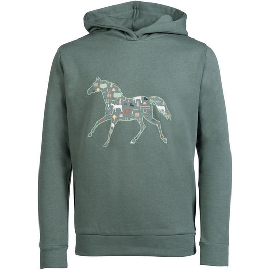 sage green sweatshirt with horse, saddle, and horseshoe pattern