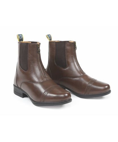 Brown leather-look ankle boots with front zipper