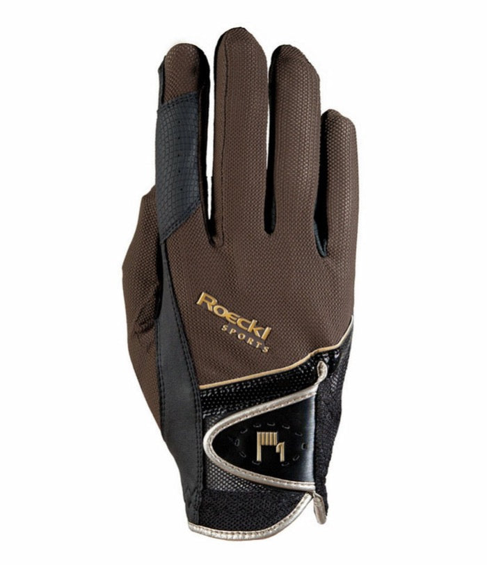 Brown and black equestrian riding glove with Roeckl logo.