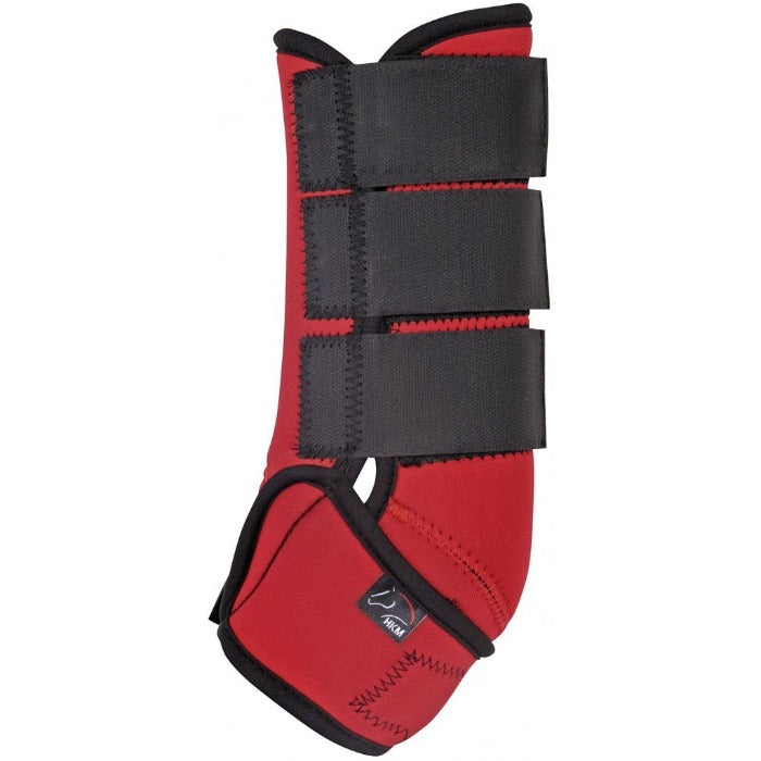 Red neoprene equestrian leg protection boots with three black velcro straps