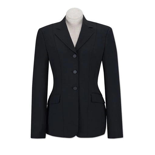 Navy equestrian show jacket with three buttons.
