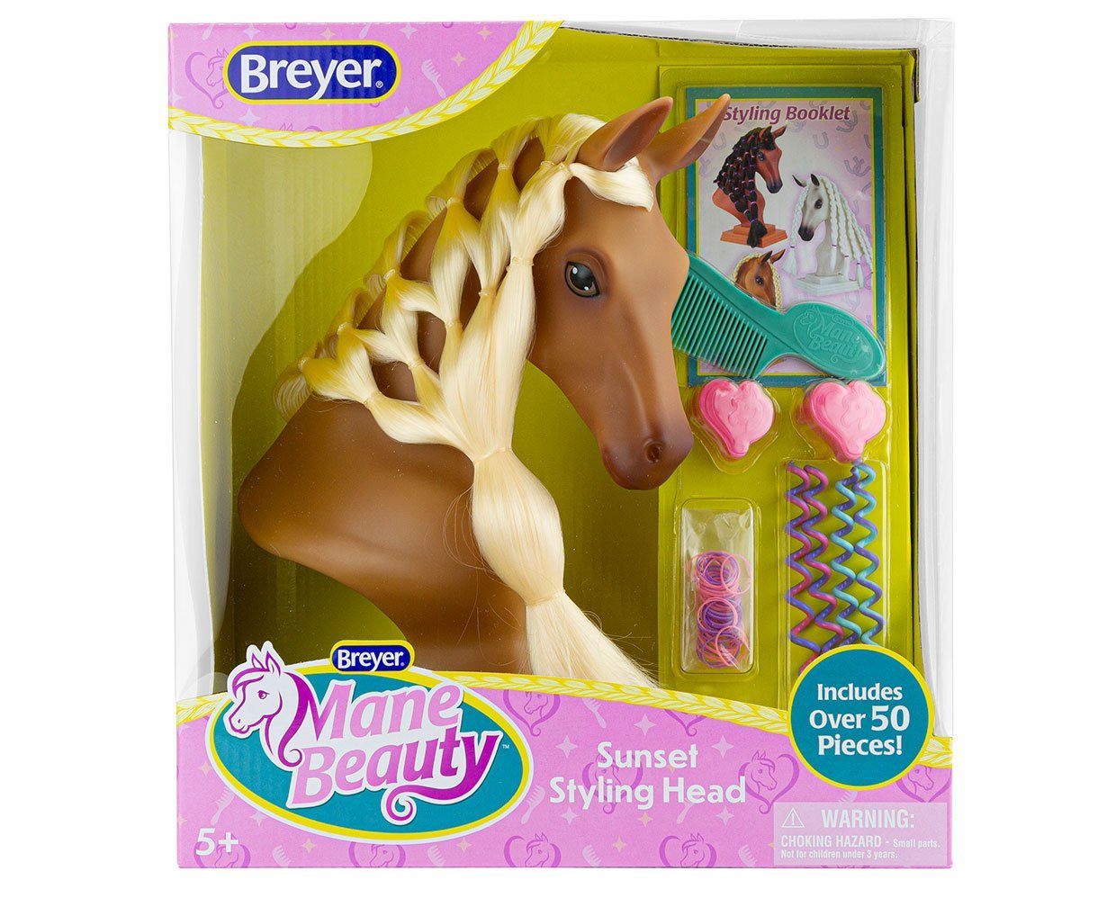 Breyer light brown horse head with a long blond mane so that kids can brush and braid.  Displayed in box along with accessories styling tools