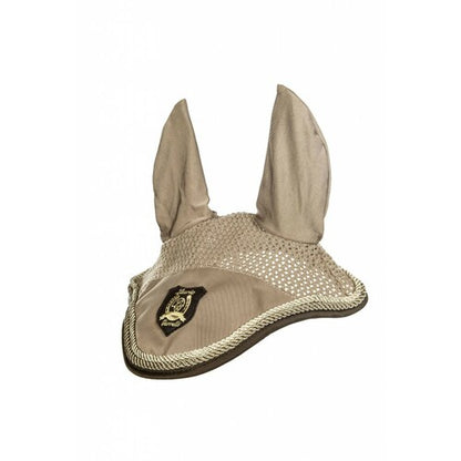 Tan colored equestrian fly bonnet for horse. Corded trim. Logo on front center.