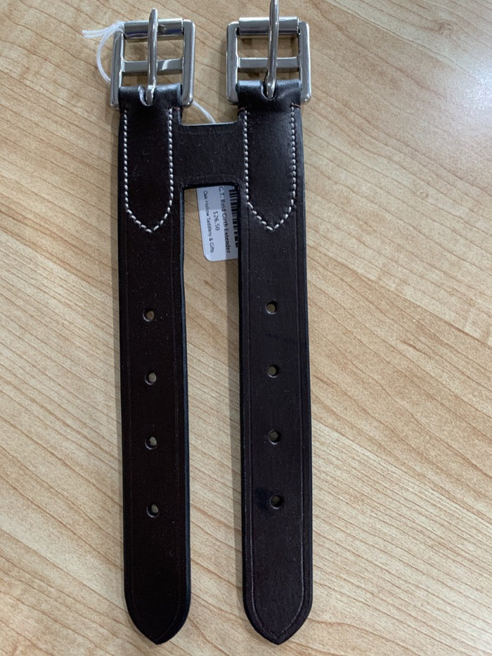 Brown leather girth extender for english style girth.  Two connected leathers with buckles.
